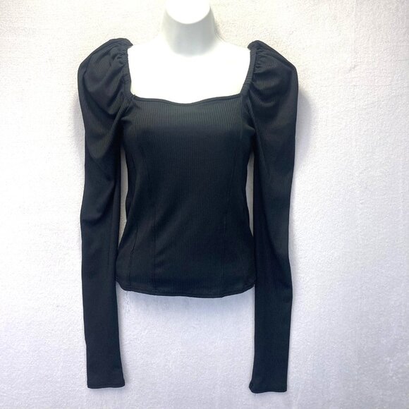 Free People Puff Shoulder Square Neck Shirt Womens Medium M Black Ribbed Stretch - Picture 1 of 13
